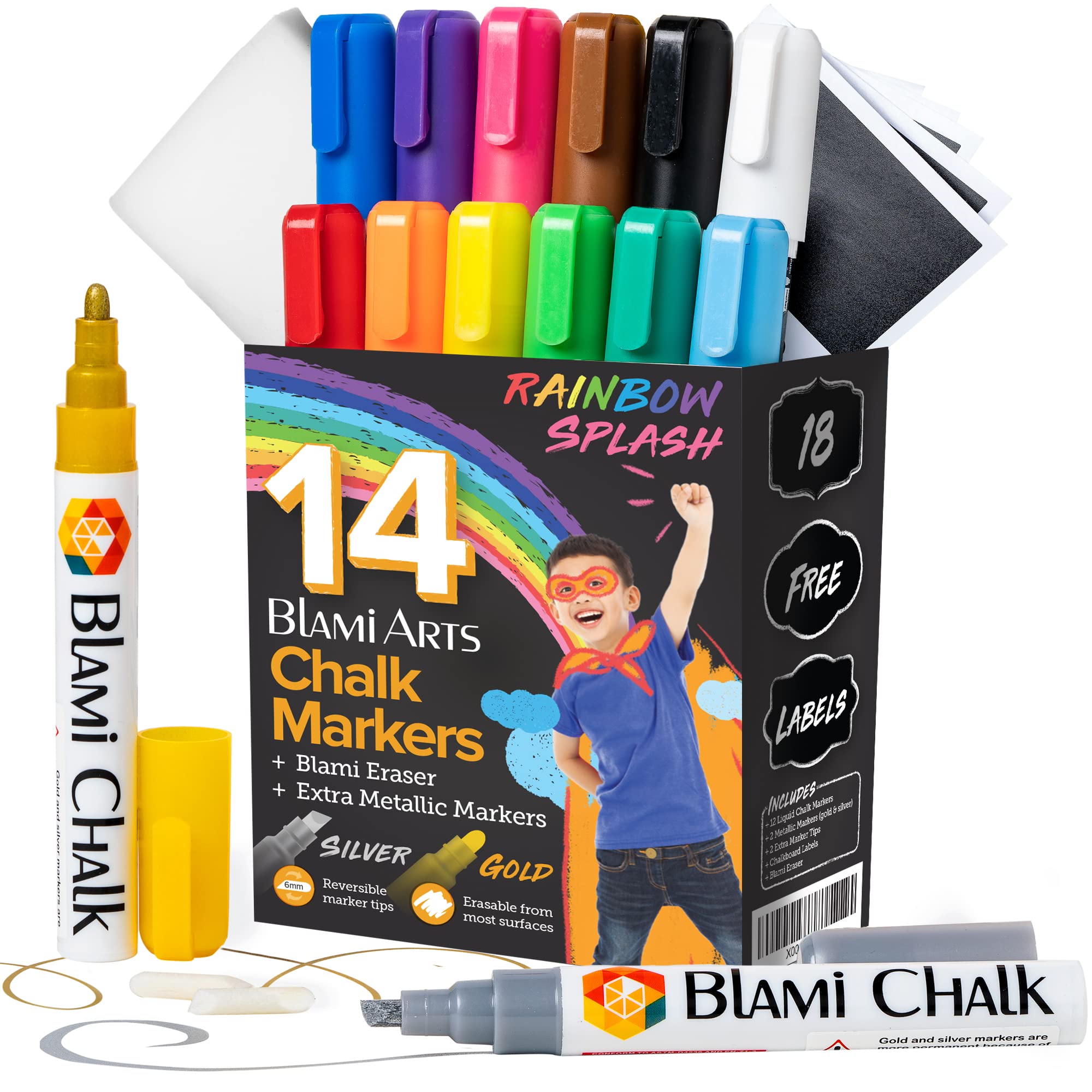Book Cover Blami Arts Liquid Chalk Markers Washable -14 Ink Pens & Extra Gold and Silver Colors - Chalkboard Labels Pack Included Non Toxic - Reversible Tips and Erasing Sponge included 14 Set Multi-Colors