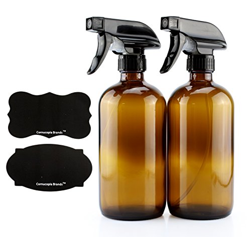 Book Cover 16-Ounce Amber Glass Spray Bottles w/Reusable Chalk Labels (2 Pack), Heavy Duty Mist & Stream 3-Setting Sprayer; Great for Essential Oils