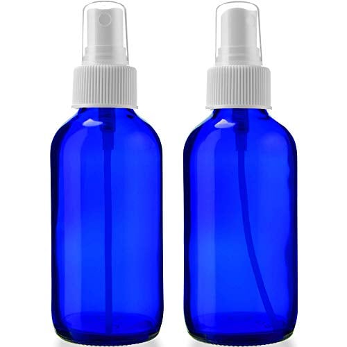 Book Cover 2 Empty Blue Glass Spray Bottles - 4oz Refillable Bottle is Great for Essential Oils, Organic Beauty Solutions, Homemade Cleaning and Aromatherapy - Small Portable Misters with Caps and Labels - 2 Pack
