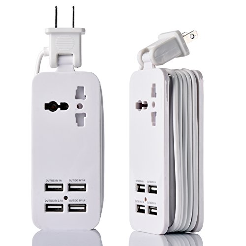 Book Cover USB Power Strip Portable Travel Charger Outlets 2.1AMP 1AMP 21W 5Foot Power Supply Cord With Universal Plug Input From 100v-240v Power Sockets USB Charger Station 4 Port 5v 1A/2.1A USB Charger (White)