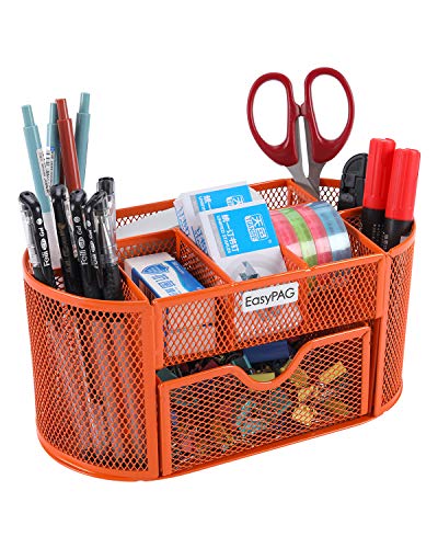 Book Cover EasyPAG Desk Organizer Mesh Desktop Office Supplies Multi-functional Caddy Pen Holder Stationery with Drawer,Orange