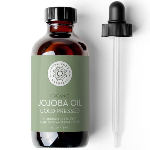 Book Cover Organic Jojoba Oil, 4 Fl Oz - 100% Pure, Organic, Cold Pressed Jojoba Oil for Skin, Hair, Face and Nails - by Pure Body Naturals
