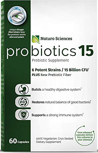 Book Cover Naturo Sciences Probiotics 15 Billion CFU, Advanced Probiotic Supplement, Time Released Capsules in Dry Nitrogen Filled Blister Packs, 60 Servings, 1 a Day Servings