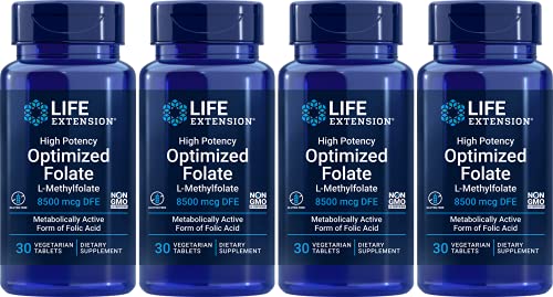 Book Cover Life Extension High Potency Optimized Folate 8500 mcg DFE, 30 Vegetarian Tablets (Pack of 4)
