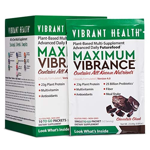 Book Cover Vibrant Health - Maximum Vibrance, Plant-Based Meal Shake Rich with Vitamins, Minerals, Antioxidants, and Protein, Vegetarian, Non-GMO, Chocolate Chunk, 10 Packets