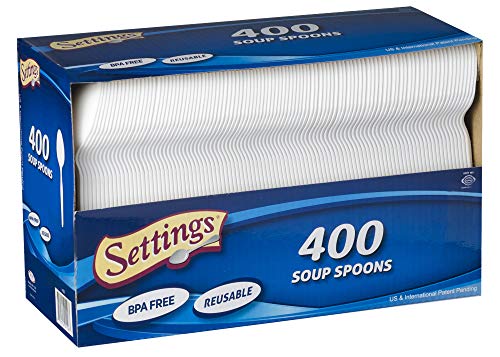 Book Cover [400 Count] Settings Plastic White Soup Spoons, Practical Disposable Cutlery, Great For Home, Office, School, Party, Picnics, Restaurant, Take-out Fast Food, Outdoor Events, Or Every Day Use, 1 Box