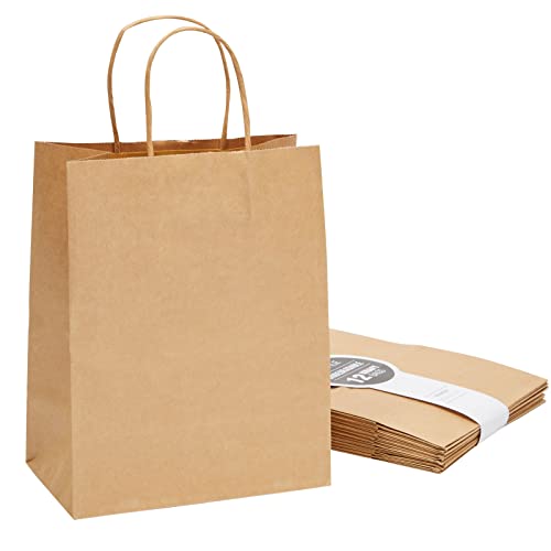Book Cover 12 Pack Medium Paper Bags with Handles, Bulk Brown Bags for Party Favors, Goodies (8 x 4.75 x 10 In)
