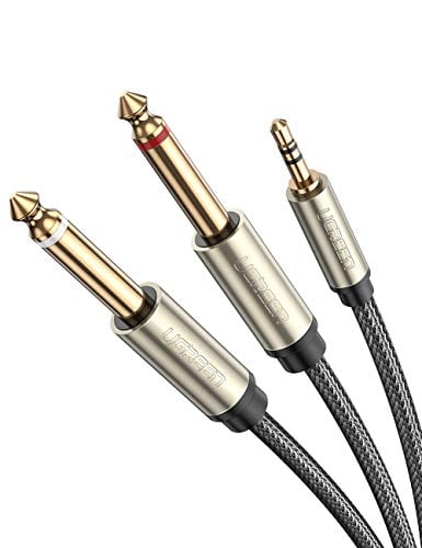 Book Cover UGREEN 6.3mm Mono Cable, 1/4 inch to 1/8 inch 3.5mm to 6.35mm Audio Splitter, Nylon Braided Gold-Plated Digital Interface Instrument Cable for Mixer, Audio Recorder, Amplifier, Volcas (2m)