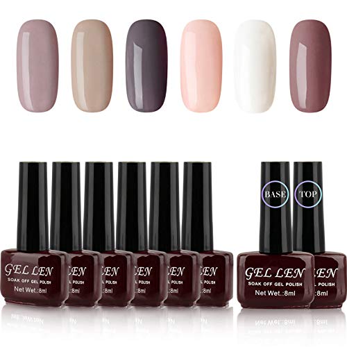 Book Cover Gellen Gel Nail Polish Set - Khaki Brown Nude 6 Colors With Top Coat Base Coat Collection Soak Off Nail Art Home Nail Gel Manicure Kit