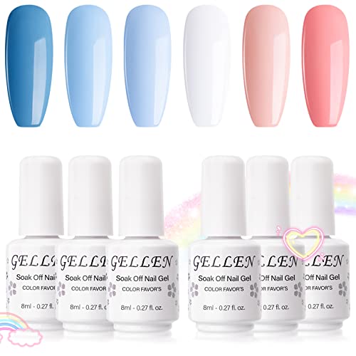 Book Cover GELLEN Gel Nail Polish Kit - Blue Peach Series 6 Colors- Popular White Nail Art Gel Polish Colors Salon/Home Gel Manicure Set
