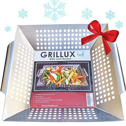 Book Cover BBQ Vegetable Grill Basket - Use as Wok, Skillet, or Smoker - Durable 430 Grade Stainless Steel - Professional Cookware - Barbeque Fish & Diced Meat - by Grillux