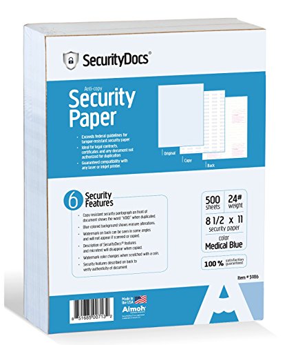Book Cover SecurityDocs Security Paper for Medical and Federal use, CMS Certified, Copy and Tamper Resistant, Pantograph, Inkjet and Laser Printer Compatible – 8.5 x 11 Inches, 500 Sheet Supply, (59116)