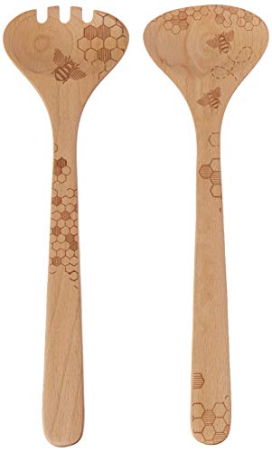 Book Cover Talisman Designs Beechwood Salad Serving Set, Honey Bee Design , Laser Etched Fork and Spoon, 12-inches Long