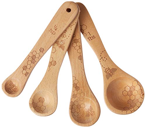 Book Cover Talisman Designs  Beechwood Measuring Spoons, Laser Etched with Honey Bee Art, 1-TBS, 1-tsp, 1/2-tsp, 1/4-tsp