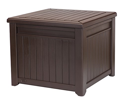 Book Cover Keter 55 Gallon Resin Wood Look Deck Box and Side Table â€“ Organization and Storage for Outdoor Patio Furniture Cushions Garden Tools, and Pool Toys, Brown