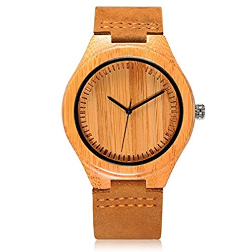 Book Cover CUCOL Men's Bamboo Wooden Watch with Brown Cowhide Leather Strap Japanese Quartz Movement Casual Watches