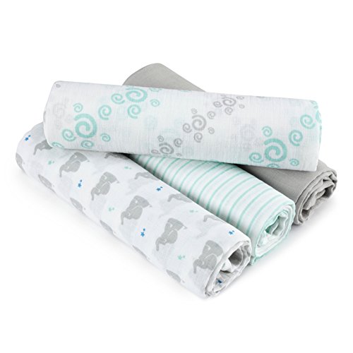 Book Cover Aden by aden + anais Swaddle Baby Blanket, 100% Cotton Muslin, 4 Pack, 44 X 44 inch, Baby Star - Elephants