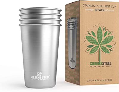 Book Cover Greens Steel #1 Premium Stainless Steel Cups 16 oz Pint Cup Tumbler (4 Pack) Premium Metal Cups - Stackable Durable Cup