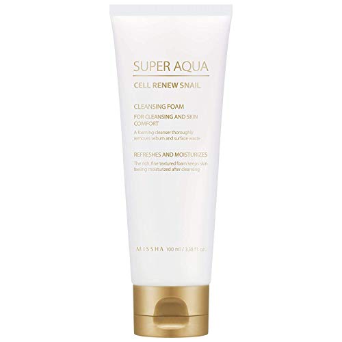 Book Cover Missha Super Aqua Cell Renew Snail Cleansing Foam 100ml-Snail slime extract and Botanical stem cell extract to prevent and recover skin damage while removing sebum and surface waste.