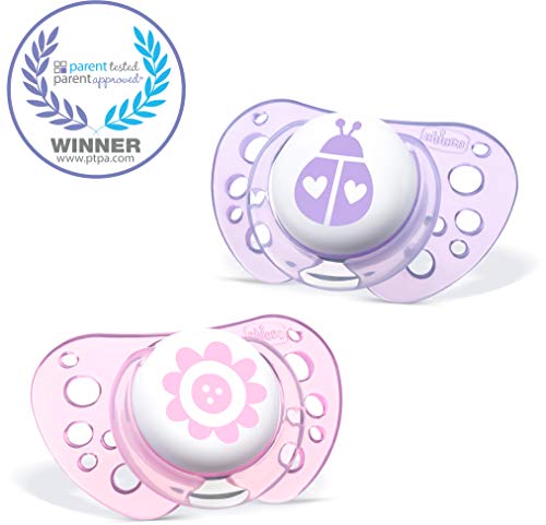 Book Cover Chicco Flair Orthodontic BPA-Free Pacifier with Reusable Sterilizing Case, 2-pack, Pink/Purple, 0-6m
