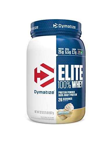 Book Cover Dymatize Elite 100% Whey Protein Powder, 25g Protein, 5.5g BCAAs & 2.7g L-Leucine, Quick Absorbing & Fast Digesting for Optimal Muscle Recovery, Vanilla Cupcake, 2 Pound
