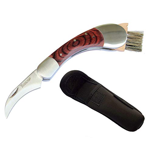 Book Cover HANZIUP Folding Mushroom Knife with Neoprene Pouch Solid Wood Handle and Foldable Cleaning Brush