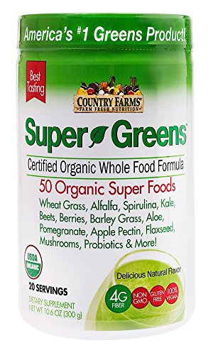 Book Cover Country Farms Super Greens Natural flavor, 50 Organic Super Foods, USDA Organic 20 servings Drink Mix Net WT 10.6 oz