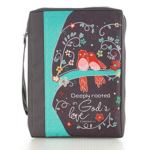 Book Cover Deeply Rooted In Gods Love Ephesians 3:17 Floral Bird Gray Poly Canvas Bible Cover for Women Medium Zippered Case for Bible or Book w/Handle