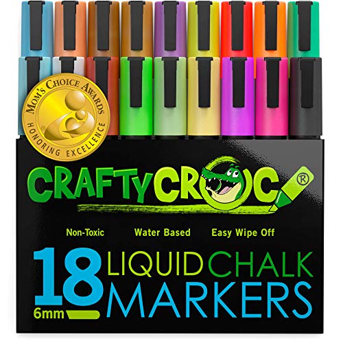 Book Cover Crafty Croc Liquid Chalk Markers, Jumbo 18 Pack, (Mom's Choice Award Gold Recipient), Neon Plus Earth Colors 6mm Reversible Tip, 2 Replacement Tips Included