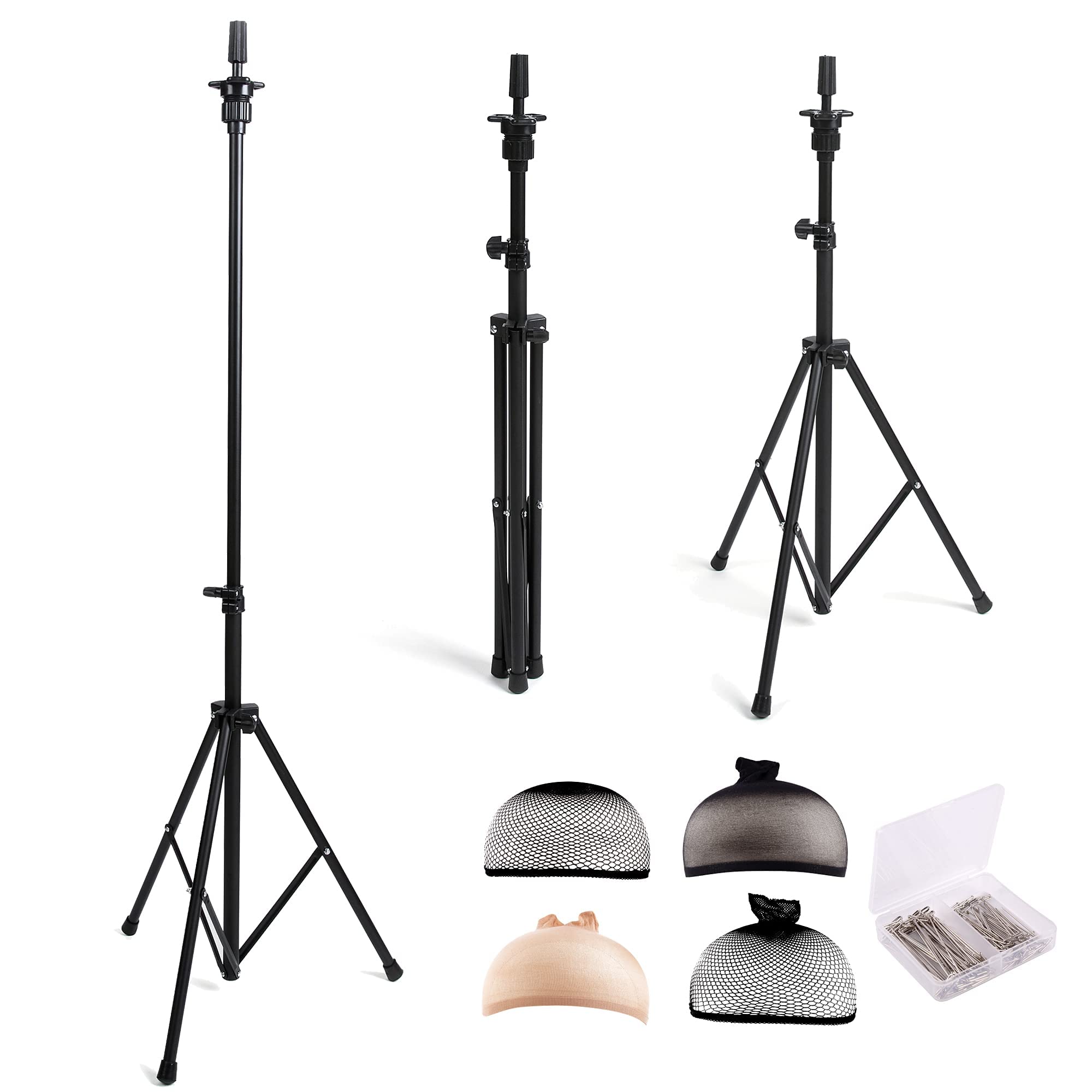 Book Cover HYOUJIN Wig Head Stand Tripod Mannequin Head Stand Metal Adjustable Holder for Mannequin Head,Manikin Head,Training Head,Canvas Block Head with Wig Caps,T-Pins,Carry Bag(Black) Wig Stand