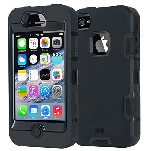 Book Cover Korecase Compatible with iPhone 4 Shockproof Case Heavy Duty Hybrid High Impact Body Rugged Silicone Protective Cover with Dust Plug Black