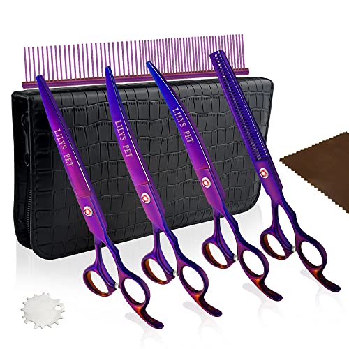 Book Cover LILYS PET Professional PET DOG Grooming Coated Titanium scissors suit Cutting&Curved&Thinning shears (7.0 inches, Purple)…