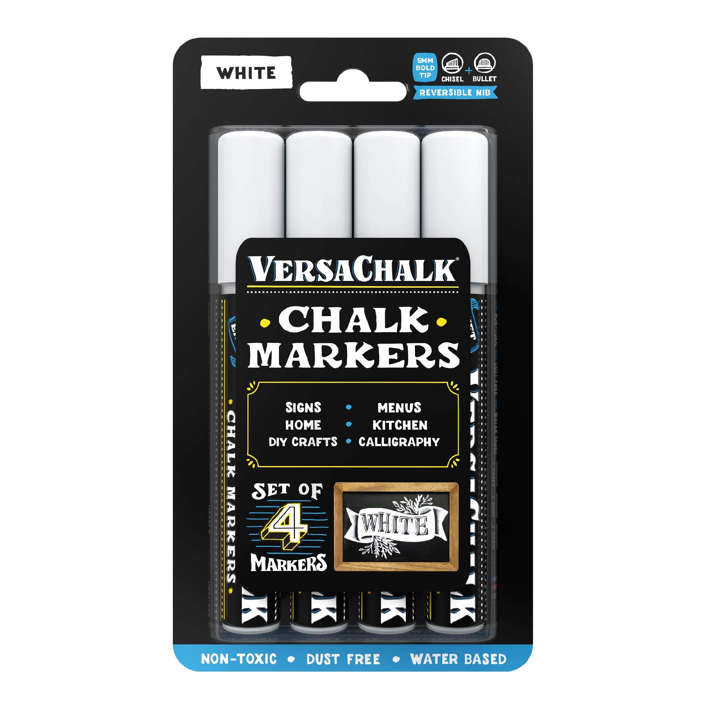 Book Cover VersaChalk White Chalkboard Chalk Markers - Wet Erase Dustless Chalk Ink Paint Marker for Blackboard, Dry Erase White Board, Chalkboard Sign (BOLD 5mm, 4/SET) BOLD 5mm, 4/SET White