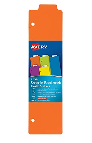 Book Cover Avery Snap-in Plastic Bookmark Dividers, 5 Assorted Color Tabs, White Labels, 1 Set (24908)