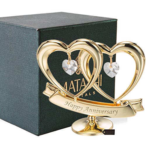 Book Cover Matashi 24K Gold Plated Happy Anniversary Double Heart Figurine Ornament with Genuine Crystals (Clear Crystal) - Wedding Gift for Couples, for Husband Wife Mother Father, Cake Topper, Romantic Gifts