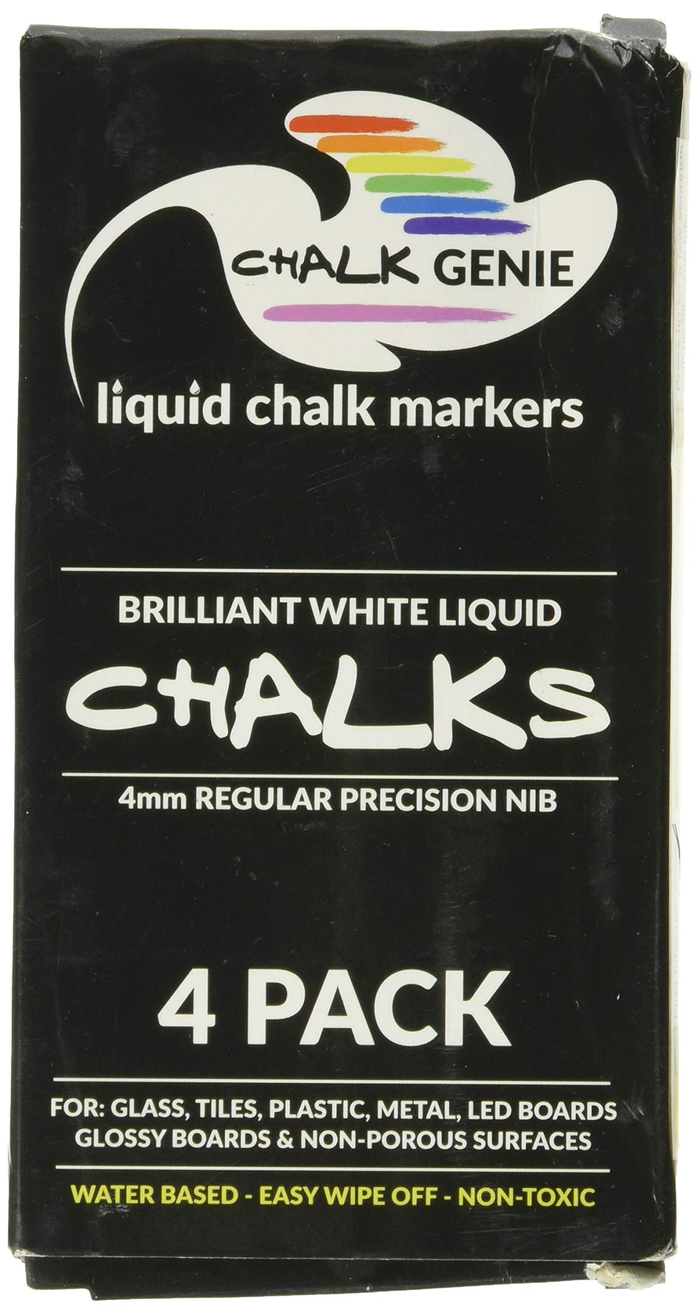 Book Cover CLEARANCE! Brilliant White Liquid Chalk Markers - 6mm Bullet and Chisel Reversible Point Tip - Pack of 4 - Premium Quality Chalk Marker Pens - NON-POROUS Surfaces - NOT FOR CHALKBOARDS