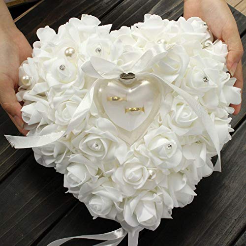 Book Cover Yosoo Wedding Ring Pillow Heart Box Feeling of Romance with Ribbon Pearl Wedding Ceremony for Wedding Supplies Gift 15cm x 13cm / 6inch x 5.12inch White