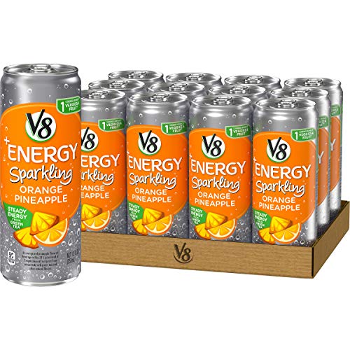 Book Cover V8 +Energy, Sparkling Juice Drink with Green Tea, Orange Pineapple, 12 oz. Can (Pack of 12)
