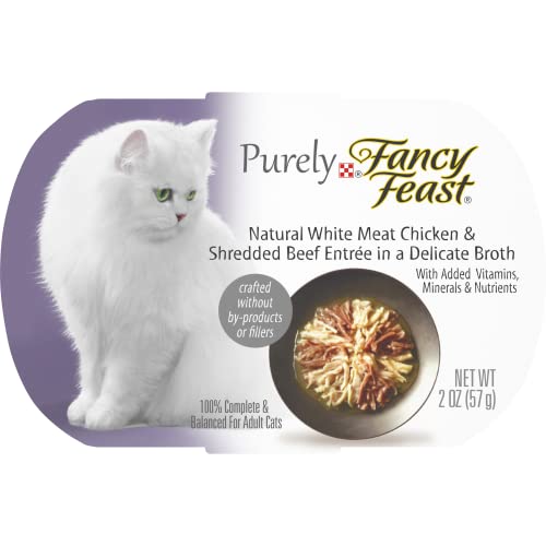Book Cover Purina Fancy Feast Natural Broth Wet Cat Food, Purely Natural White Meat Chicken & Shredded Beef Entrée - (10) 2 oz. Trays