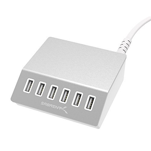 Book Cover Sabrent Premium 60 Watt (12 Amp) 6-Port Aluminum Family-Sized Desktop USB Rapid Charger. Smart USB Charger with Auto Detect Technology [Silver] (AX-FLCH)