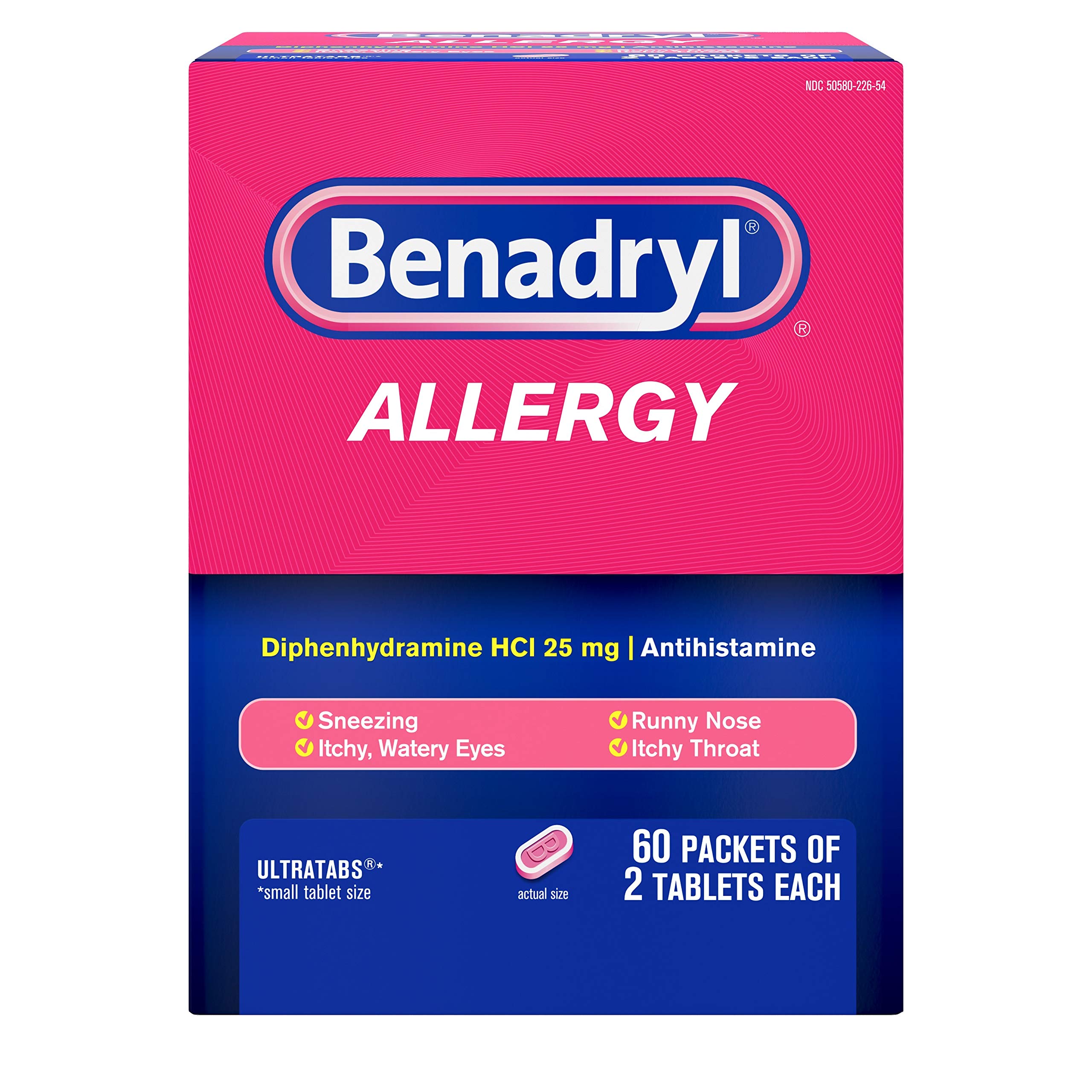 Book Cover Benadryl Ultratabs Go Packs, Antihistamine Allergy Medicine Tablets with Diphenhydramine HCl, Convenient for Travel & On-The-Go Cold & Allergy Relief, 60 Packets of 2 Tablets 60 Count (Pack of 1)