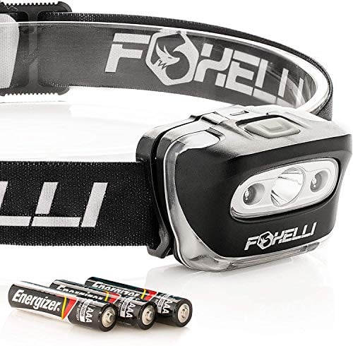 Book Cover Foxelli Headlamp Flashlight - Bright 165 Lumen White Cree Led + Red Light, Perfect for Runners, Lightweight, Waterproof (IPX5), Best Headlight for Kids, 3 AAA Batteries Included, Black