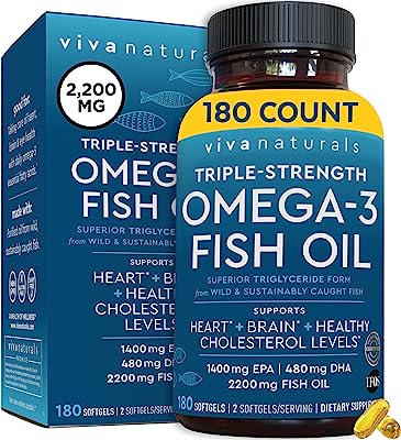 Book Cover Viva Naturals Triple-Strength Omega 3 Fish Oil with EPA and DHA Supplements 2,200mg, 180 Softgels