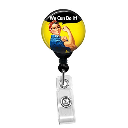 Book Cover Rosie The Riveter - We Can Do It! Custom Retractable Badge Reel Lanyard Badge Holder (Black Badge Reel with Spring Pinch Clip)
