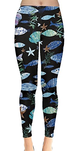 Book Cover CowCow Womens Turtles Dolphins Lobster Crab Whale Fish Penguins Sea Animal Seahorse Jellyfish Shells Leggings, XS-5XL