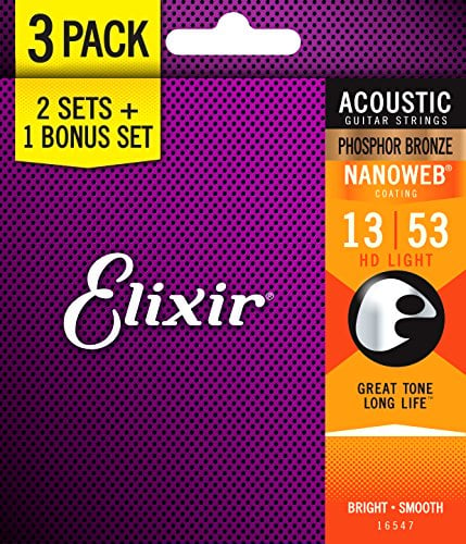 Book Cover Elixir Strings 16547 Phosphor Bronze Acoustic Guitar Strings with Nanoweb Coating, Set of 3 Pieces