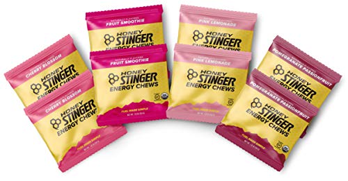 Book Cover Honey Stinger Organic Energy Chews â€“ Variety Pack with Sticker â€“ 8 Count â€“ Chewy Gummy Energy Source for Any Activity - Pink Lemonade, Fruit Smoothie, Pomegranate Passionfruit & Cherry Blossom