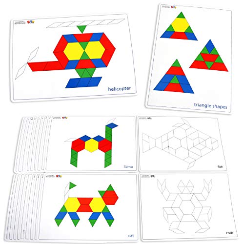 Book Cover LEARNING ADVANTAGE 7149 Pattern Block Cards - Set of 20 Double-Sided Cards - Early Geometry for Kids - Teach Creativity, Sequencing and Patterning