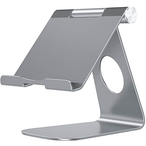Book Cover OMOTON Desktop Tablet Stand, Adjustable Tablet Holder, Aluminum iPad Stand Cradle Dock for iPad 10.2 2019/iPad 9.7/iPad 12.9 2020/iPad Air, Samsung Tablets, and More Gadgets (Up to 12.9 in), Silver