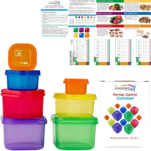 Book Cover GOANDWELL Portion Control Container Kit for Weight Loss -21 Day Labeled Meal Food Containers - 21 Day Tally Chart with e-Book (7 Piece Labeled)